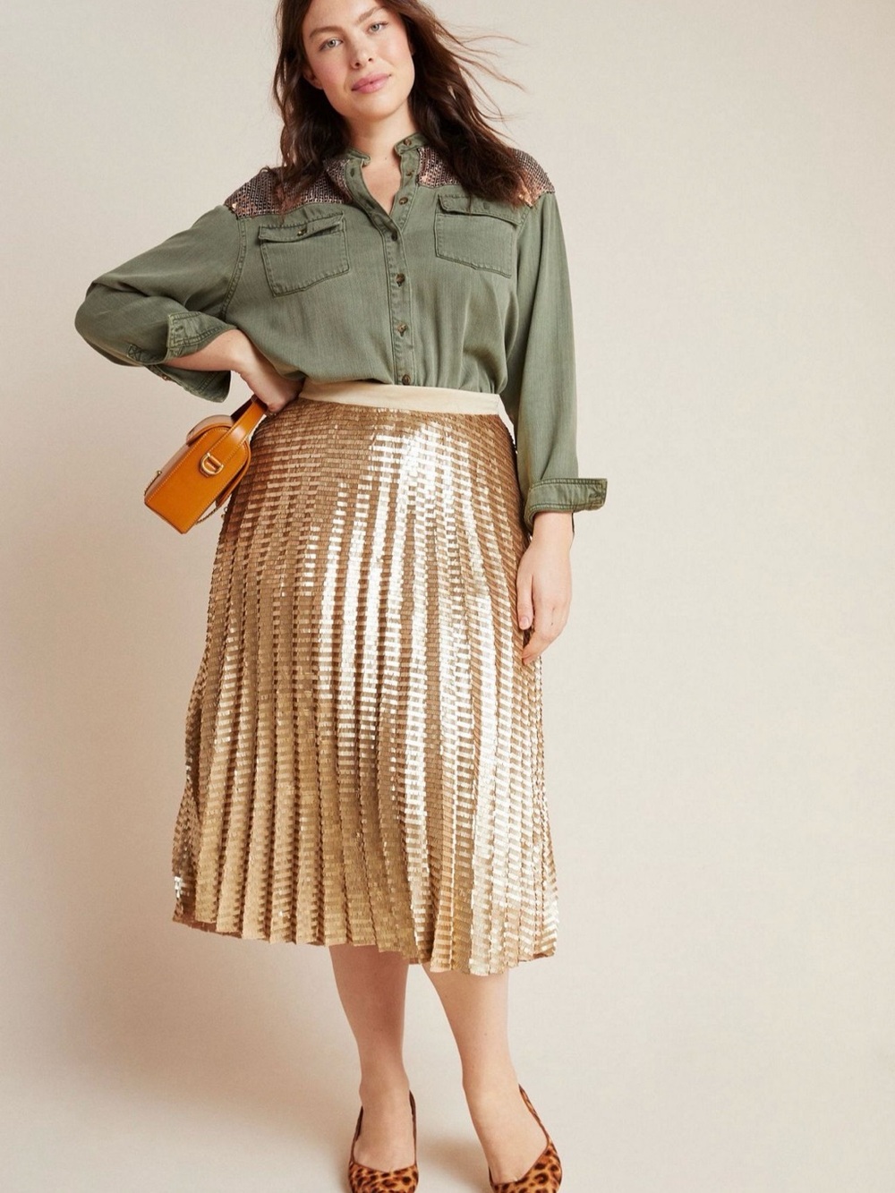 Anthropologie Maeve Gold Sequin Pleated Midi Skirt